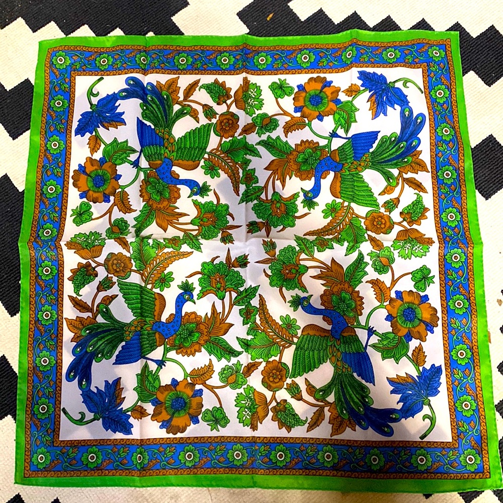 Vintage peacock Scarf 70s Nasharr Freres Square Scarf Japan Polyester